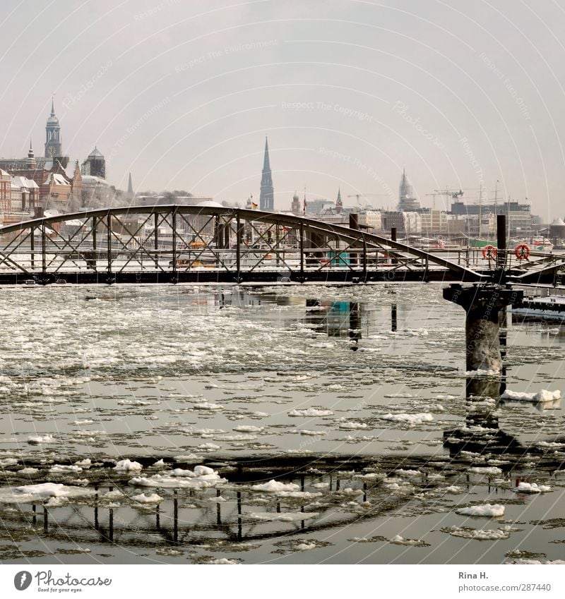 Hamburger Hafen mit Eisschollen Winter Schönes Wetter Fluss Hafenstadt glänzend kalt Fernweh Skyline Elbe Brücke Sehenswürdigkeit Farbfoto Außenaufnahme