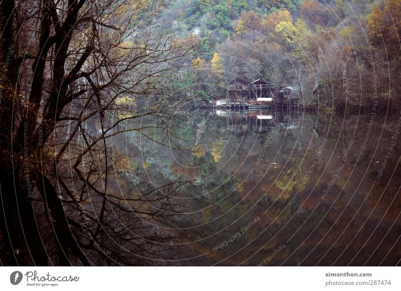 Einsam Ferien & Urlaub & Reisen Ausflug Abenteuer Ferne Freiheit Berge u. Gebirge Haus Traumhaus Natur Landschaft Wasser Herbst Winter schlechtes Wetter Nebel