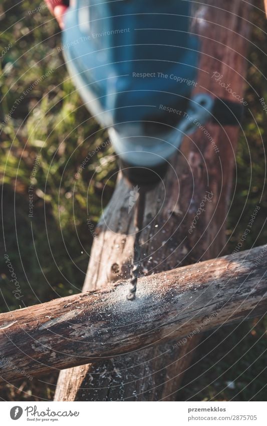 Bohren von Löchern in Holz bei der Gartenarbeit Sommer Arbeit & Erwerbstätigkeit Handwerk Werkzeug Mensch Mann Erwachsene Gras Gebäude nah 35-40 Jahre