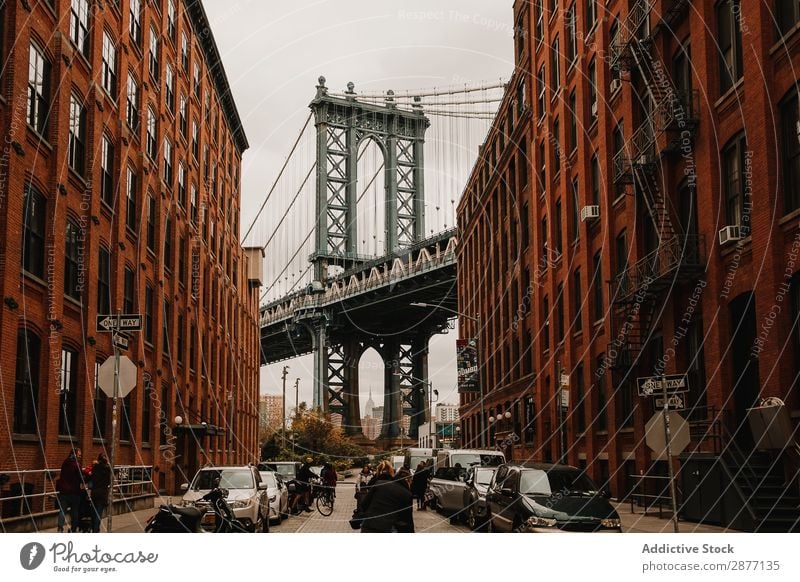 Straße mit roten Gebäuden und Brücke Skyline New York State alt Panorama (Bildformat) Großstadt amerika USA Architektur Stadt Aussicht Landschaft ruhig