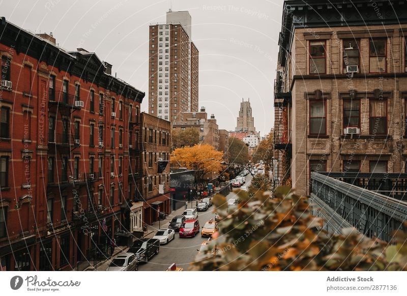 Straße mit roten Gebäuden Skyline New York State alt Panorama (Bildformat) Großstadt amerika USA Architektur Stadt Aussicht Landschaft ruhig Fußgänger