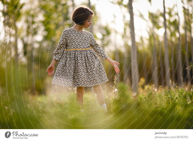 Kleines Mädchen im Naturfeld mit schönem Kleid Lifestyle Freude Glück Spielen Sommer Kind Mensch feminin Frau Erwachsene Kindheit 1 3-8 Jahre Blume Gras Wiese