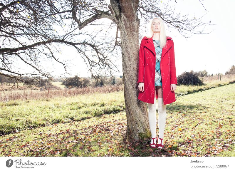 #246259 Stil Abenteuer Freiheit Frau Erwachsene Leben 1 Mensch Natur Landschaft Sonnenlicht Baum Mode Kleid Mantel Strümpfe Damenschuhe blond beobachten träumen