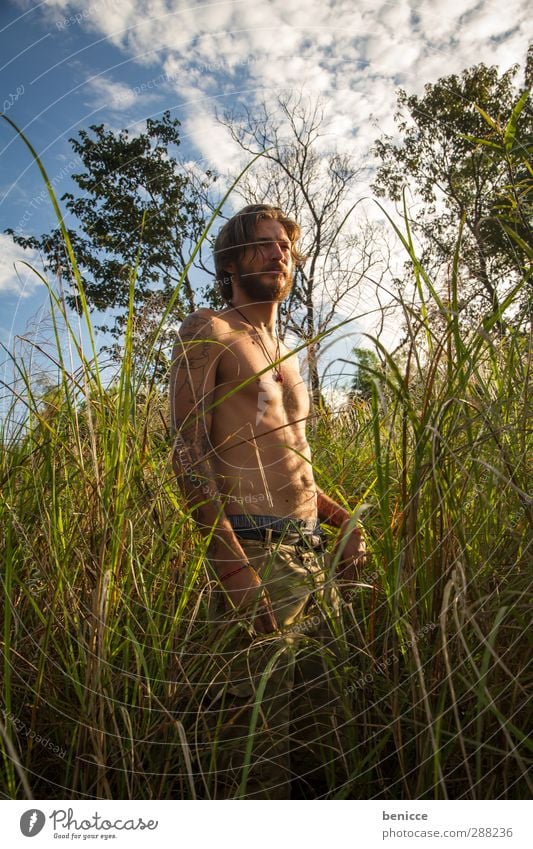 grasman Mann Mensch Junger Mann Natur Gras Schilfrohr Erotik stehen maskulin Außenaufnahme See Fluss Porträt Bart Vollbart nackt Oberkörper Sommer Sonne