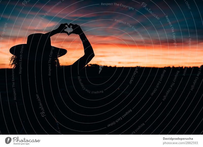 Frauensilhouette im schönen Sonnenuntergang Silhouette Sonnenaufgang erstaunlich mehrfarbig Feuer Orange Natur Mädchen Mensch Hut attraktiv Strukturen & Formen