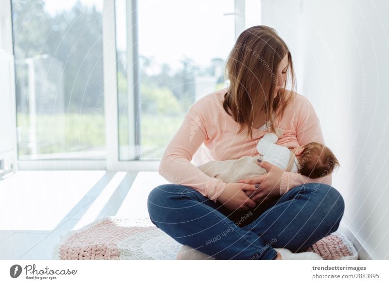 Junge Mutter stillende Neugeborene Essen Glück schön Kind Baby Frau Erwachsene Eltern Familie & Verwandtschaft Kindheit Arme füttern Liebe klein weiß Schutz