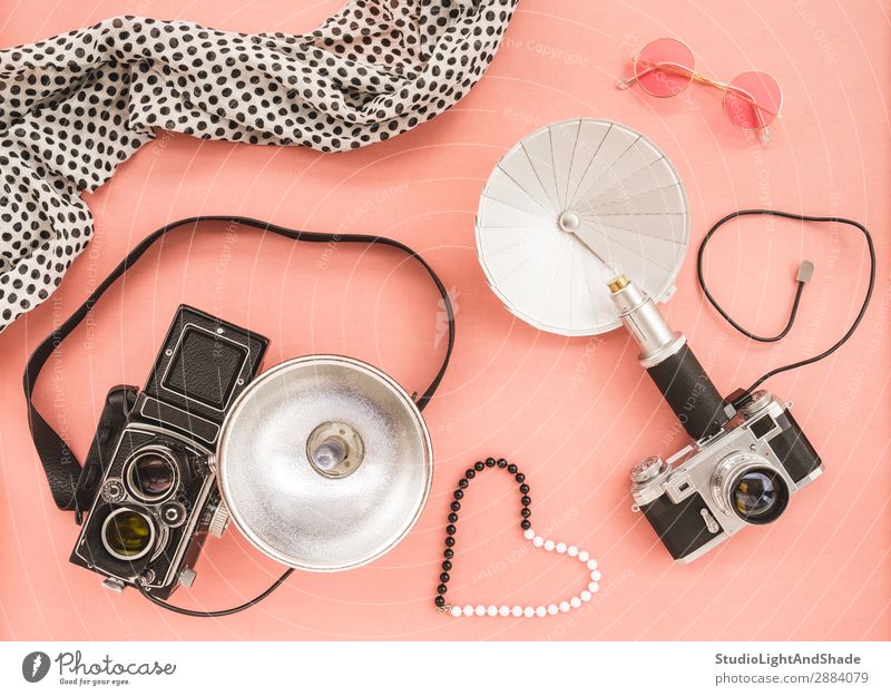 Klassische Fotokameras auf rosa Hintergrund Labor Schmuck Sonnenbrille Schal alt retro schwarz weiß Farbe Nostalgie Fotografie Fotoapparat Fotoapparate blitzen