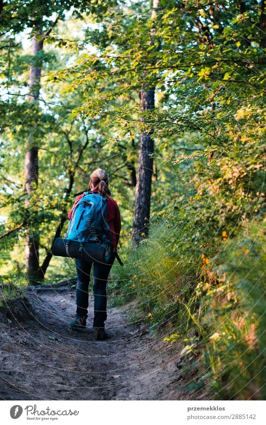 Wanderin mit Rucksack beim Waldwandern während der Sommerreise Lifestyle schön Erholung Freizeit & Hobby Ferien & Urlaub & Reisen Abenteuer Freiheit Mensch Frau