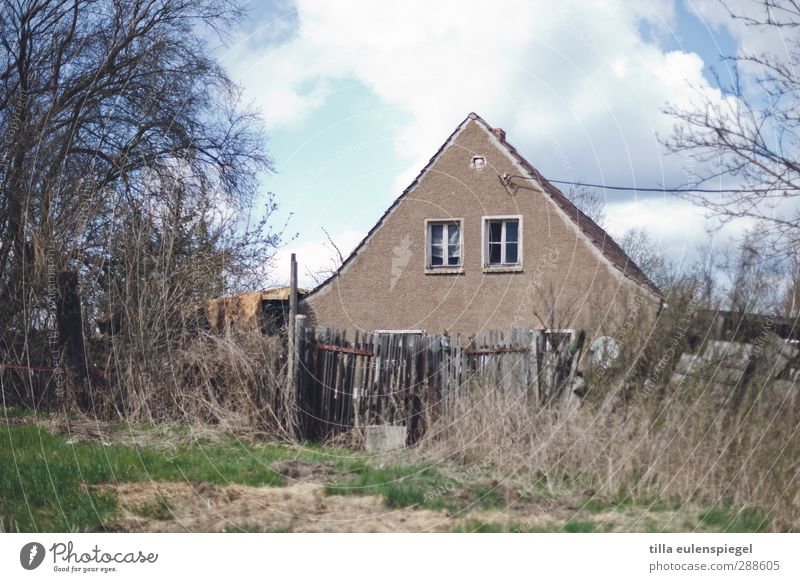 Traum vom Haus. Einfamilienhaus Fenster alt Vergänglichkeit Zaun verfallen Verfall Wiese Sträucher Baum Himmel Wolken Unbewohnt Menschenleer Farbfoto