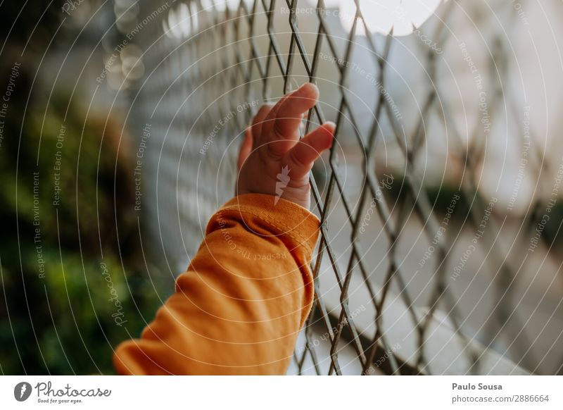 Babyhand am Zaun Lifestyle Kind Kleinkind Mädchen Hand 1 Mensch 1-3 Jahre Balkon entdecken Neugier Stadt orange Schutz Design Einsamkeit Farbe Freiheit Kontakt