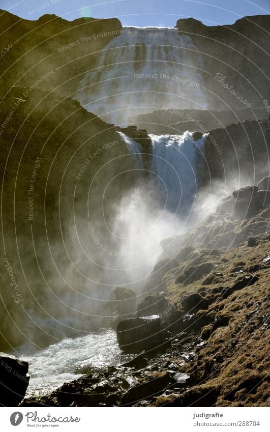 Island Umwelt Natur Landschaft Urelemente Wasser Wassertropfen Wolkenloser Himmel Klima Schönes Wetter Felsen Berge u. Gebirge Wasserfall Dynjandi natürlich