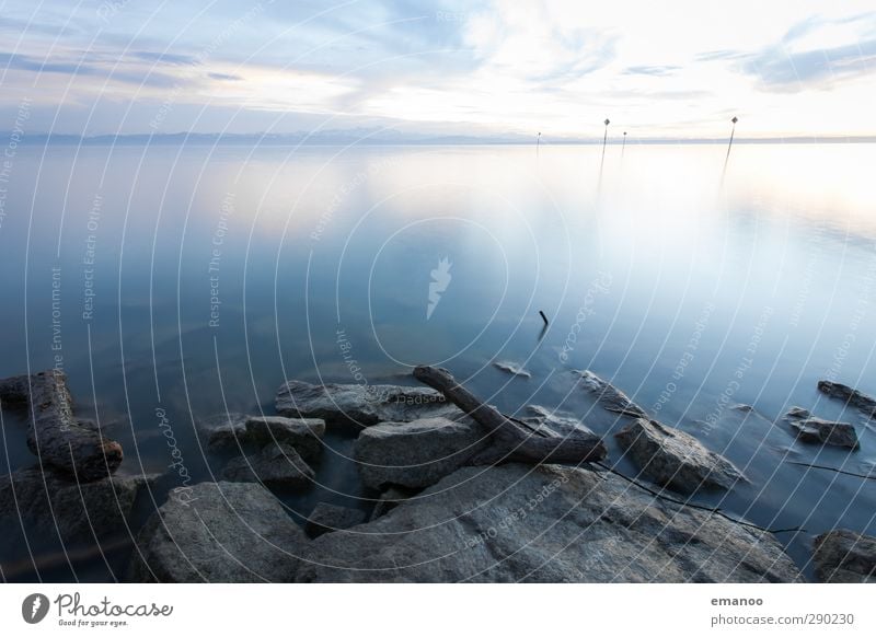 Bodensee II Natur Landschaft Wasser Himmel Horizont Sonnenaufgang Sonnenuntergang Felsen Alpen Küste Seeufer kalt weich grau Wasseroberfläche flach Seezeichen