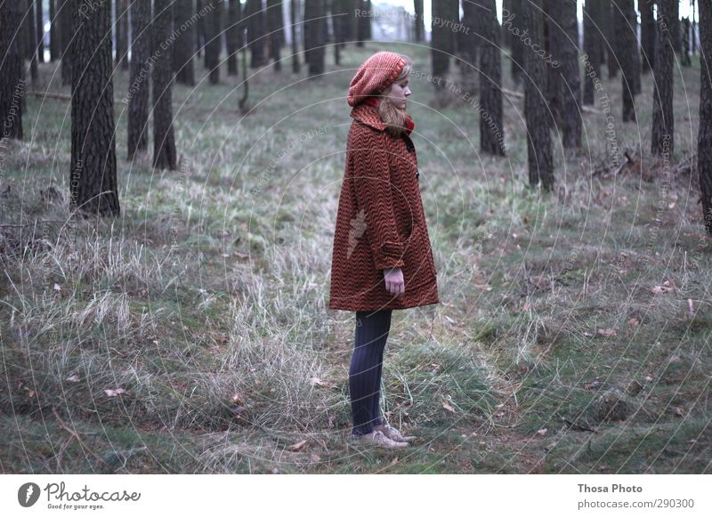 Rotkäppchen Körper wandern Verlierer Umwelt Natur Blick stehen träumen Traurigkeit warten frei Mode Wald Strumpfhose Mütze rot Mantel grün grau Gras blond stand