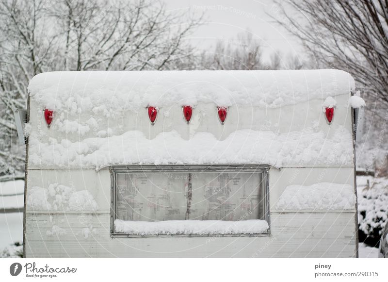 eingeschneit Winter Schnee Schneefall Baum Fahrzeug Anhänger kalt grau rot schwarz weiß Fenster zentriert Farbfoto Gedeckte Farben Außenaufnahme Menschenleer