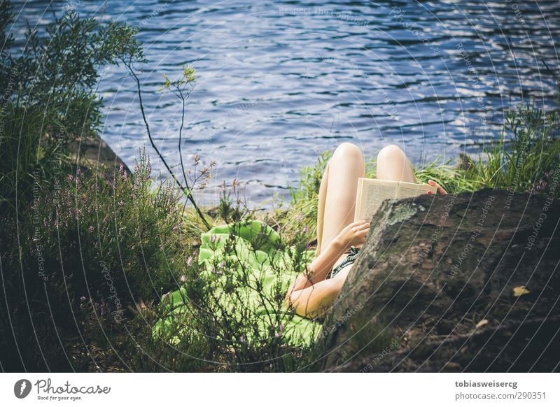 Erwischt! Wohlgefühl Erholung ruhig Ferien & Urlaub & Reisen Freiheit Sommer Mensch feminin Beine 1 18-30 Jahre Jugendliche Erwachsene Buch lesen Natur Wasser