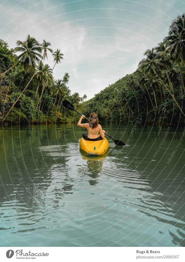 Flussabwärts feminin Junge Frau Jugendliche Natur Wasser Sommer Schönes Wetter Wald Urwald Bikini rothaarig Locken Abenteuer Kajak Wasserfahrzeug Rudern Palme