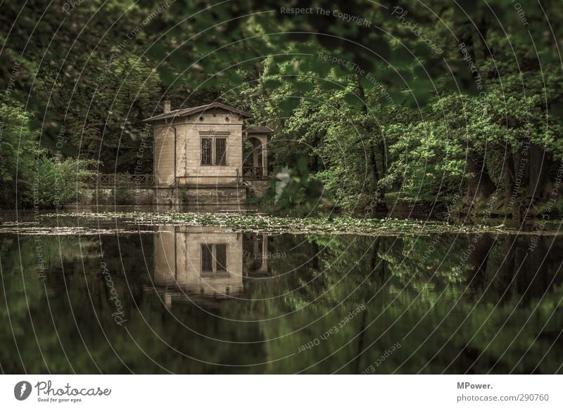 haus am see Landschaft Wasser Sommer Seeufer Oase grün Haus Reflexion & Spiegelung Wald Park alt Seerosen Farbfoto Außenaufnahme Tag