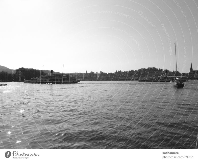 Dampfschiffjagt Tourismus Ausflug Städtereise Wasser See Vierwaldstätter See Luzern Schweiz Kleinstadt Stadt Menschenleer Schifffahrt Wasserfahrzeug schwarz