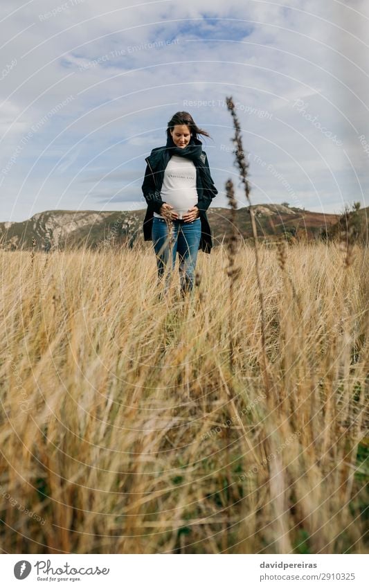 Schwangere Frau schaut auf ihren Bauch im Feld Lifestyle Freude Glück schön Freizeit & Hobby Mensch Baby Erwachsene Mutter Familie & Verwandtschaft Natur