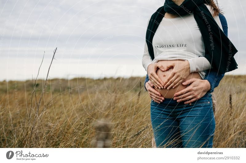 Schwanger machendes Herz mit Händen auf nacktem Bauch mit Partnerin Lifestyle Mensch Frau Erwachsene Mann Mutter Paar Hand Natur Landschaft Horizont Gras Wiese