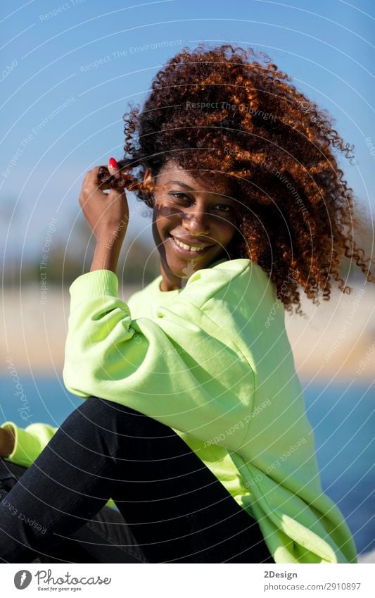 Seitenansicht einer schönen lockigen Afrofrau, die auf dem Wellenbrecher sitzt. Lifestyle Stil Haare & Frisuren Gesicht Meer Mensch feminin Junge Frau