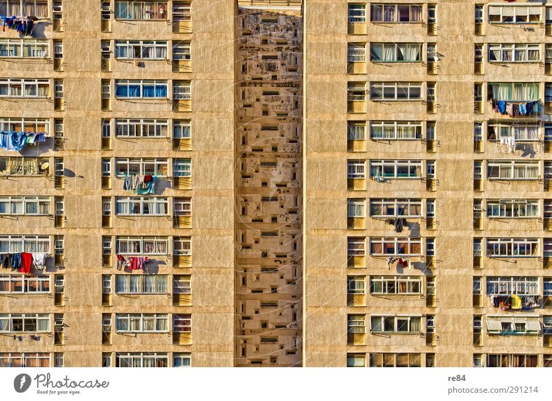 Auf Tuchfühlung - geblockt. Häusliches Leben Wohnung Haus Umzug (Wohnungswechsel) Hochhaus Palast Bauwerk Gebäude Architektur Stein Glas Backstein gelb gold