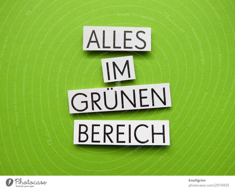 ALLES IM GRÜNEN BEREICH Schriftzeichen Schilder & Markierungen Kommunizieren grün schwarz weiß Gefühle Stimmung Zufriedenheit Akzeptanz Neugier erleben Leben