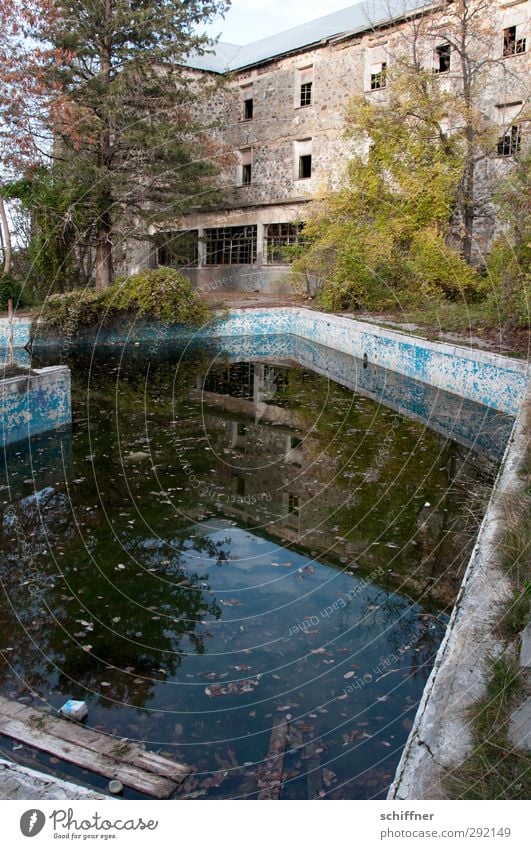 Mein Haus, mein Pool... Menschenleer Traumhaus Ruine Bauwerk Gebäude Mauer Wand Fassade Garten Fenster Denkmal alt schäbig verwildert verfallen Sträucher Hotel