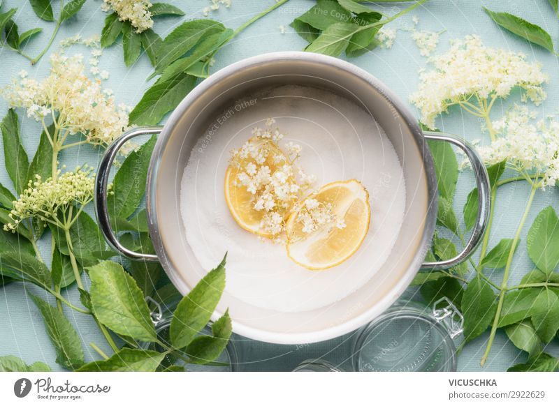 Holunderblütensirup oder Marmelade Zutaten Lebensmittel Kräuter & Gewürze Ernährung Bioprodukte Vegetarische Ernährung Limonade Geschirr Topf Stil Design