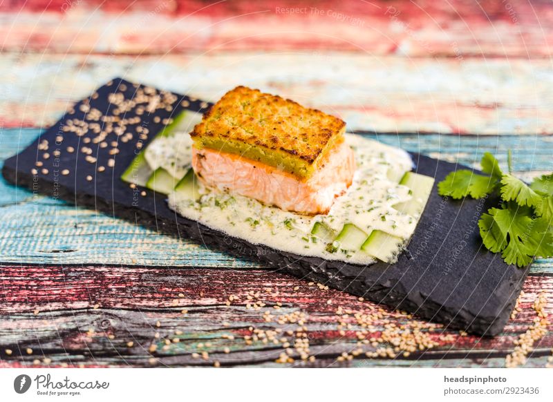 Lachs mit Wasabi-Kruste und Joghurt-Dill-Sauce Lebensmittel Fisch Ernährung Abendessen Festessen Asiatische Küche Teller Qualität Lachsfilet lecker