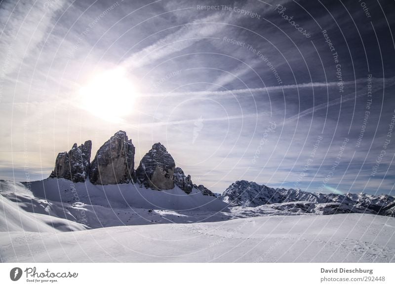 Drei Zinnen Ferien & Urlaub & Reisen Ferne Freiheit Winterurlaub wandern Landschaft Himmel Wolken Horizont Sonne Schönes Wetter Eis Frost Schnee Hügel Felsen