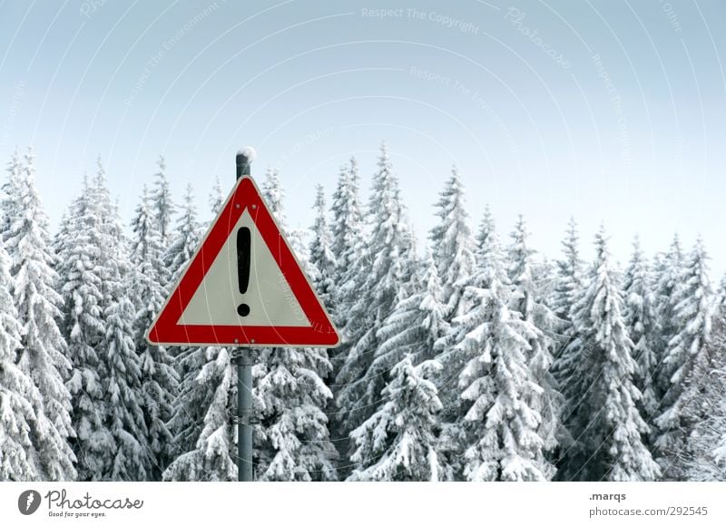 Achtung Winter! Ausflug Winterurlaub Umwelt Natur Landschaft Klima Eis Frost Schnee Wald Zeichen Schilder & Markierungen kalt Stimmung Warnung Ausrufezeichen