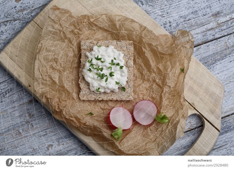 Knäckebrot mit Hüttenkäse und Radieschen hardbread Käse Frischkäse Brot Rettich braun weiß Gemüse Vegetarier frisch Lebensmittel Bioprodukte Slowfood Lifestyle