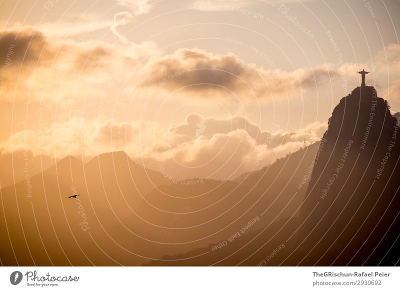 Rio Sunset Stadt gelb gold grau schwarz weiß Rio de Janeiro Brasilien Statue Vogel Berge u. Gebirge Wolken Sonnenuntergang Licht Gegenlicht Farbfoto