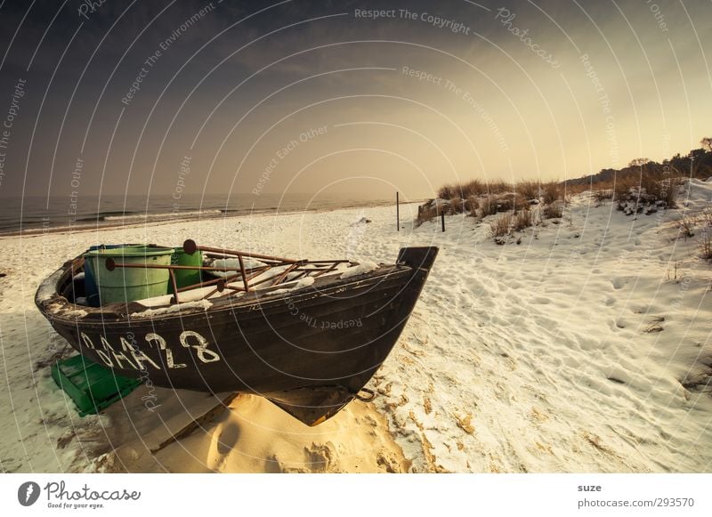 Winterschlaf Erholung ruhig Ferien & Urlaub & Reisen Freiheit Umwelt Urelemente Sand Wasser Himmel Horizont Schnee Küste Strand Ostsee Meer Hafen Bootsfahrt