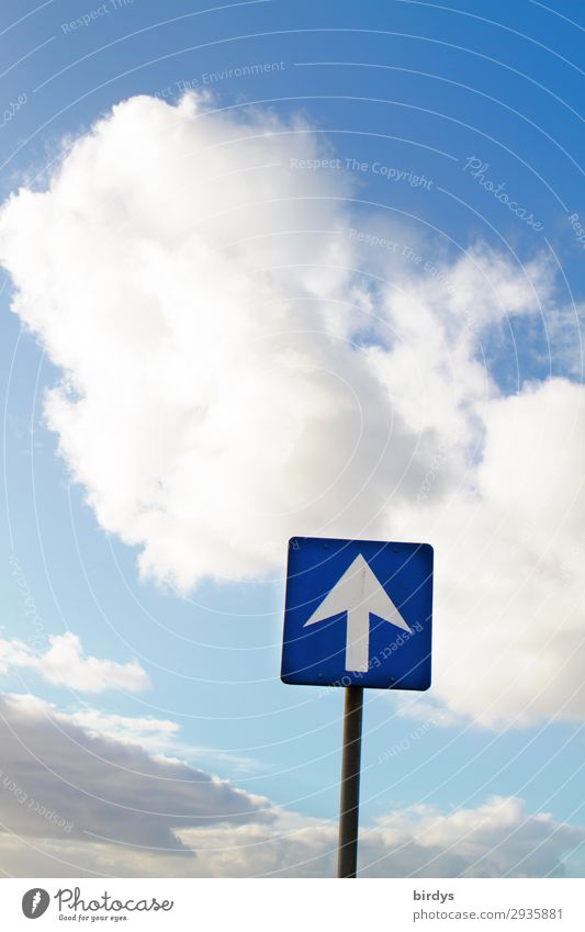 Da oben ist die Luft auch nicht besser Himmel Wolken Schilder & Markierungen Hinweisschild Warnschild Verkehrszeichen Pfeil authentisch frei positiv blau grau