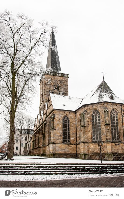 Sonntags Ausflugziel Dorf Kirche Architektur kalt Kirchturm Kirchturmspitze Baum Treppe weiß Winter Farbfoto Außenaufnahme Menschenleer Textfreiraum oben