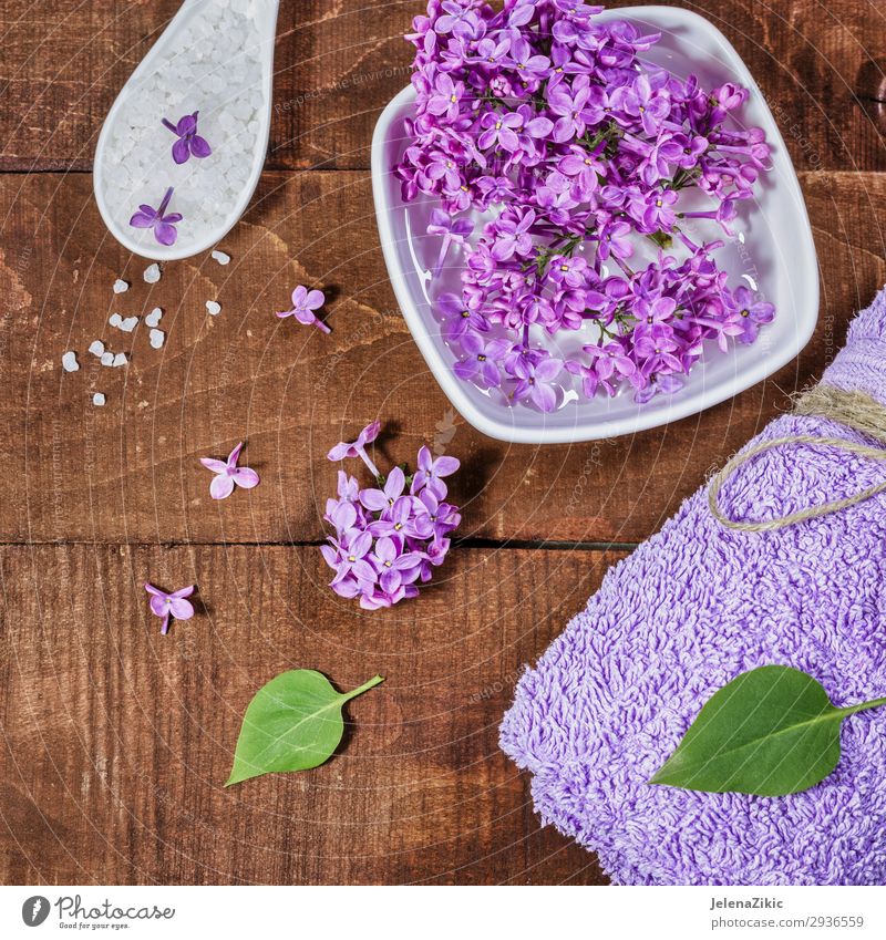 Aromatherapie, Wellness und Spa mit lila Blüten Schalen & Schüsseln Lifestyle schön Körper Haut Kosmetik Behandlung Erholung Tisch Natur Blume Holz natürlich