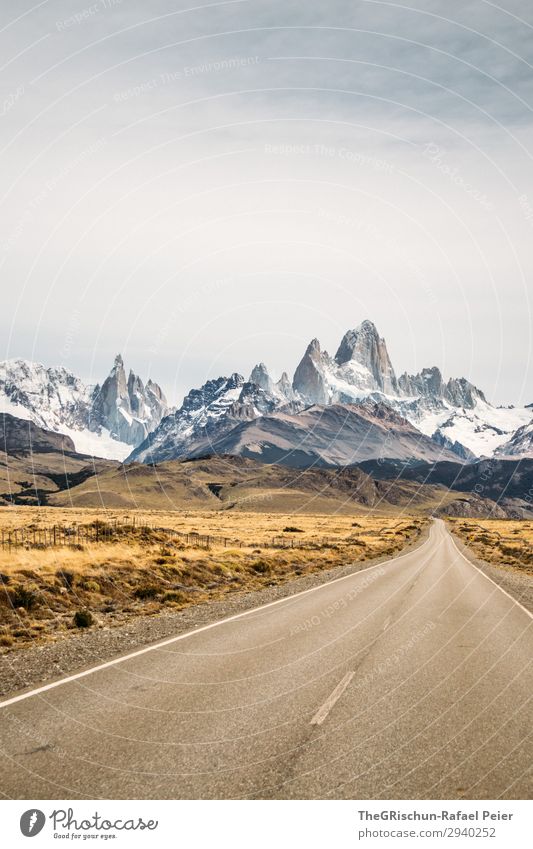 Fitz Roy - Cerro torre Umwelt Natur Landschaft braun gelb gold grau weiß Straße Berge u. Gebirge Südamerika Cerro Torre geschätzt Bekanntheit Reisefotografie