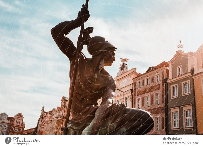 Statue am Marktplatz in Posnan V Zentralperspektive Gegenlicht Sonnenstrahlen Sonnenlicht Kontrast Schatten Abend Tag Licht Textfreiraum Mitte Textfreiraum oben