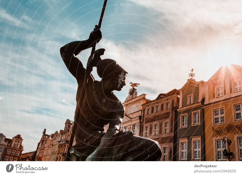 Statue am Marktplatz in Posnan II Zentralperspektive Gegenlicht Sonnenstrahlen Sonnenlicht Kontrast Schatten Abend Tag Licht Textfreiraum Mitte