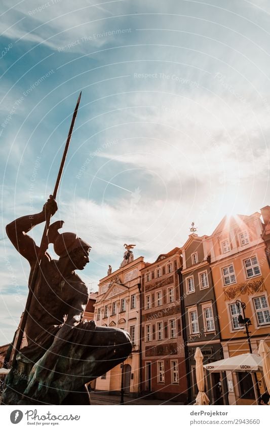 Statue am Marktplatz in Posnan III Zentralperspektive Gegenlicht Sonnenstrahlen Sonnenlicht Kontrast Schatten Abend Tag Licht Textfreiraum Mitte