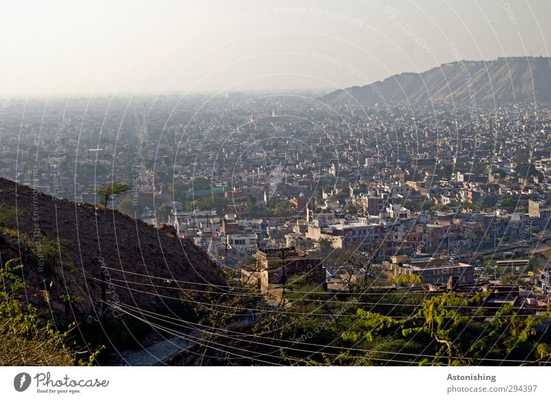 Jaipur Kabel Natur Luft Himmel Wetter Pflanze Baum Hügel Berge u. Gebirge Indien Asien Stadt Stadtrand Haus Bauwerk Gebäude Mauer Wand Dach Verkehr