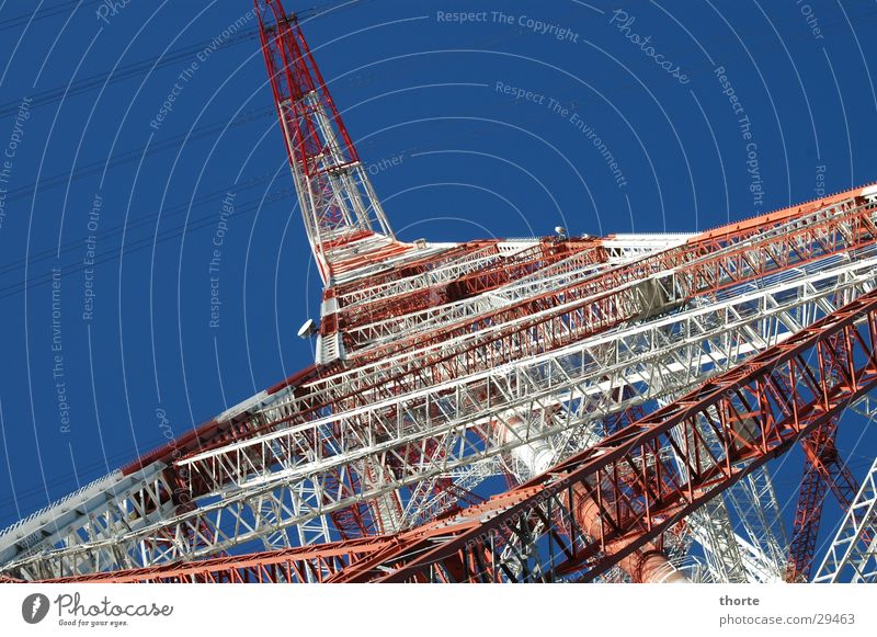 Hochspannung Elektrizität rot weiß Gitter Elektrisches Gerät Technik & Technologie Norden blau Himmel Metall