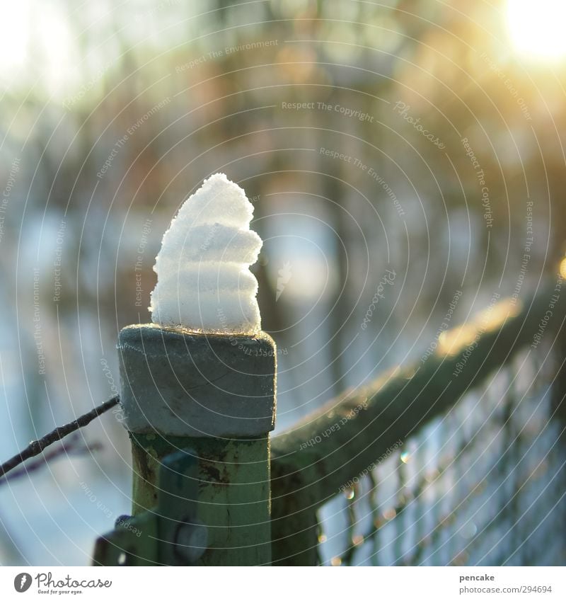 lichtblick | softeis zitrone Natur Winter Schnee Wachstum Softeis Zitroneneis Zaun Lichtspiel Lichtstrahl Lichtbrechung Lichtblick Farbfoto Außenaufnahme