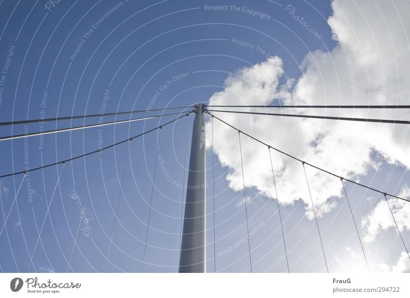 geteilter Himmel- Lichtblick Wolken Sonnenlicht Sommer Schönes Wetter Brücke Metall Linie blau grau weiß Mittelpunkt Netzwerk Brückenpfeiler Drahtseil