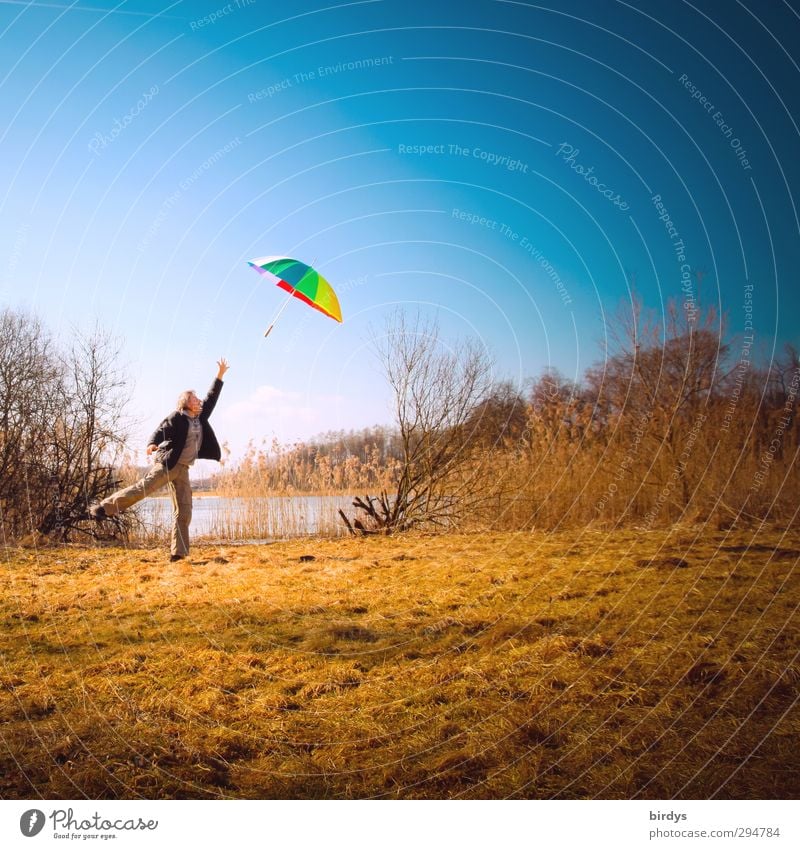 Luftnummer Freude maskulin Mann Erwachsene 1 Mensch 30-45 Jahre Natur Himmel Herbst Schönes Wetter Wind Sturm Wiese Seeufer Regenschirm springen außergewöhnlich