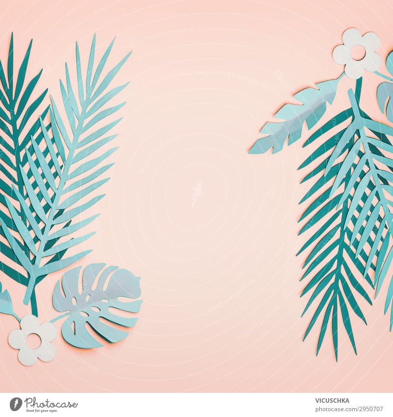 Tropischen türkis Blättern auf pastell-rosa Hintergrund Stil Design Ferien & Urlaub & Reisen Sommer Dekoration & Verzierung Natur Blatt tropisch Oase Papier