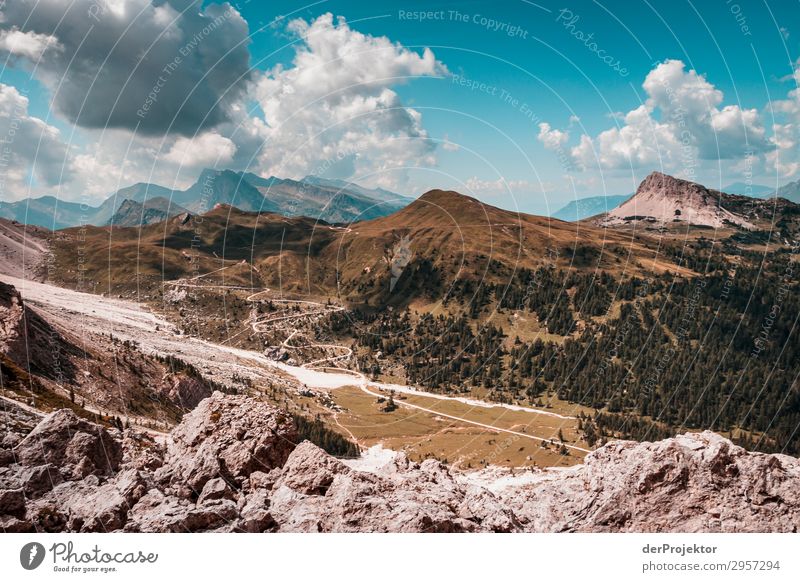 Dolomiten mit Felsen im Vordergrund Abenteuer wandern Schönes Wetter schlechtes Wetter Nebel Gipfel Sommer Landschaft Natur Umwelt Ferne Freiheit