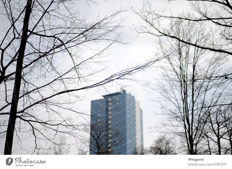 Der blaue Klaus aus Schweinfurt Haus Frühling Winter Stadt Stadtrand Hochhaus weinen grau Farbfoto Außenaufnahme Dämmerung Schwache Tiefenschärfe